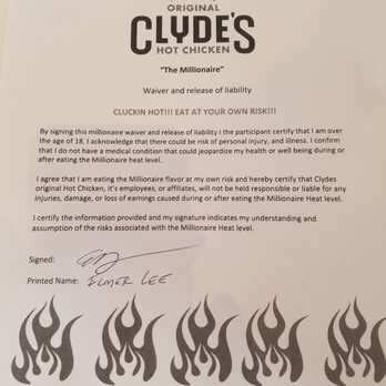 Clyde's Hot Chicken - waiver for Millionaire spice level - Chicken Shop Near Me - Fullerton, California Clyde's Hot Chicken - waiver for Millionaire spice level - Chicken Shop Near Me - Fullerton, California