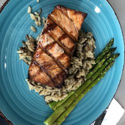 Mountain Lake Club - Grilled salmon over wild rice and asparagus