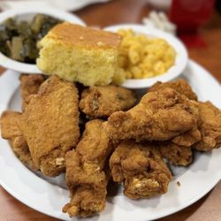 Mama Jo’s Soul Eatery - 10 piece wing platter with collard greens, Mac and cheese, and cornbread