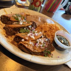 Birria Tacos with rice and beans