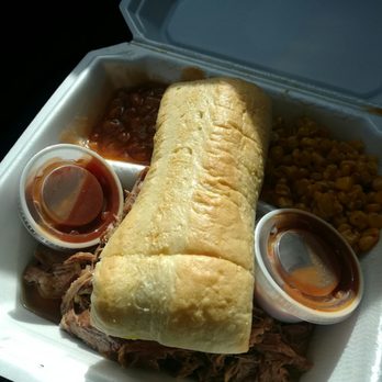 Nomad's BBQ - Brisket sandwich with baked beans and corn ($12) - Food Trucks Near Me - Albuquerque, New Mexico