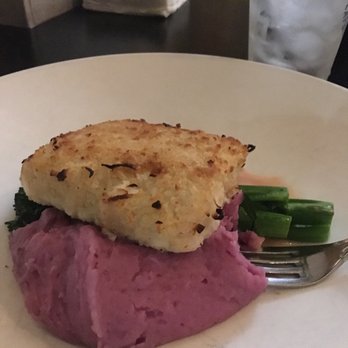 Brigantine - Coconut macadamia nut encrusted wahoo, purple potato mash, broccolini, guava butter sauce. - Seafood Near Me - Coronado, California