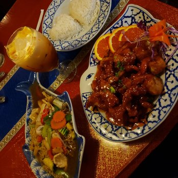 Thai Bistro - Orange chicken and added shrimp to it and chicken pad ba me. Also the drink is thai iced tea - Thai Near Me - New Port Richey, Florida Thai Bistro - Orange chicken and added shrimp to it and chicken pad ba me. Also the drink is thai iced tea - Thai Near Me - New Port Richey, Florida