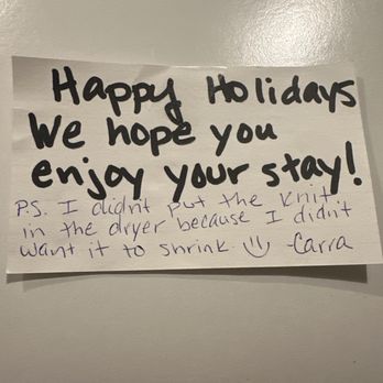Cave Springs Resort - Personal note from concierge who washed our daughter's blanket because she got car sick along the way. - Hotels Near Me - Dunsmuir, California