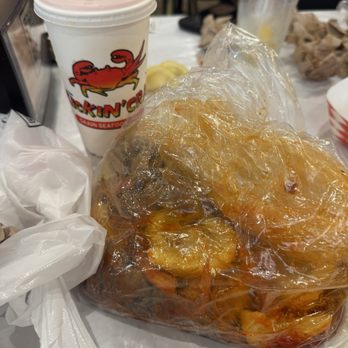 The Kickin' Crab - My order! Demolished a 1lb of shrimp with corn, potatoes, and a lemonade - Cajun/Creole Near Me - Orange, California