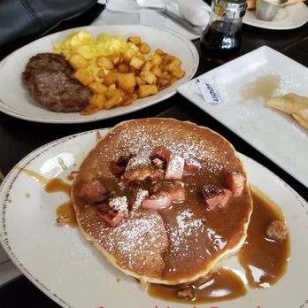 Syrup Downtown - Caramel Apple Pancakes w/scrambled eggs, sausage patties & potatoes - Breakfast & Brunch Near Me - Denver, Colorado
