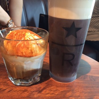 Starbucks - House Affogato (left) and Nitro Cascara Cloud (right in a cute to-go cup) - Coffee & Tea Near Me - Dallas, Texas Starbucks - House Affogato (left) and Nitro Cascara Cloud (right in a cute to-go cup) - Coffee & Tea Near Me - Dallas, Texas