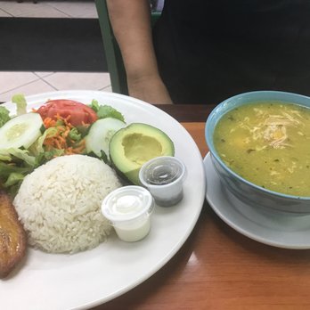 La Antioquena - Chicken soup with a side of rice, salad and avocado - Colombian Near Me - Tamarac, Florida