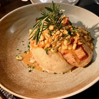 GRANVILLE - Grilled Salmon with Creamed Corn and Cajun red Pepper Sauce. - New American Near Me - Studio City, California GRANVILLE - Grilled Salmon with Creamed Corn and Cajun red Pepper Sauce. - New American Near Me - Studio City, California
