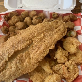 Cod Tail - This is a #4 catfish with shrimp and I substituted the fries with fried okra and two pieces of sliced white bread - Fish & Chips Near Me - Charleston, South Carolina