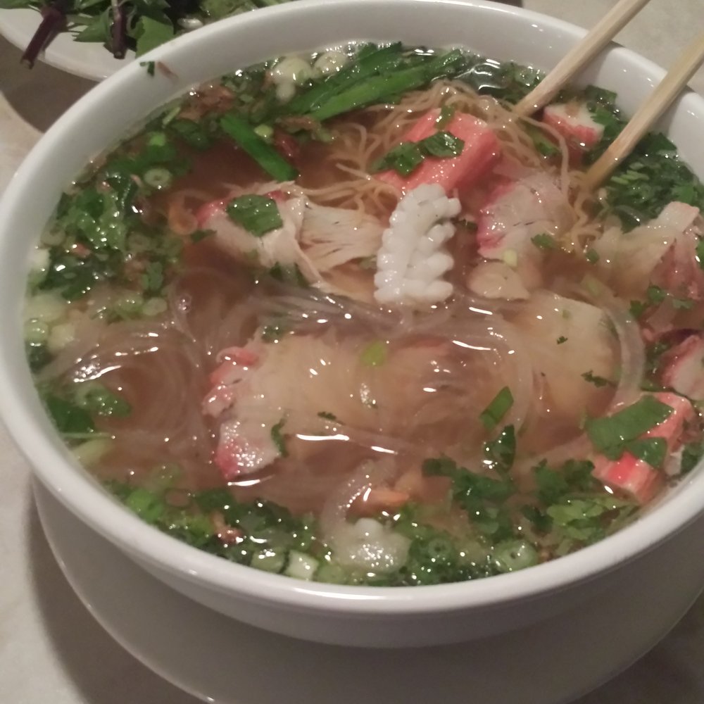 Bambu Vietnamese Cuisine - This is the noodle deluxe, contains clear noodles, egg noodles, bbq pork, different types of seafood in a pork broth. - Vietnamese Near Me - Springfield, Missouri