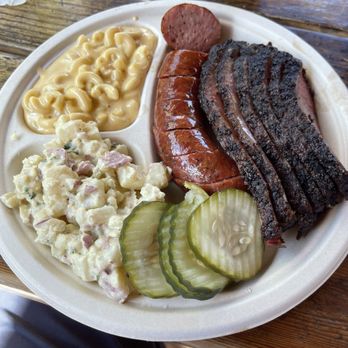 Little Miss BBQ - Sliced brisket, regular sausage link, man n cheese with potato salad - Barbeque Near Me - Phoenix, Arizona Little Miss BBQ - Sliced brisket, regular sausage link, man n cheese with potato salad - Barbeque Near Me - Phoenix, Arizona