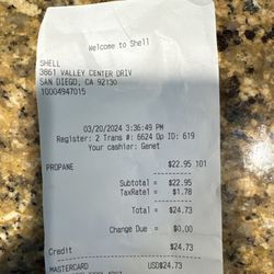 San Diego Gas and Carwash - Carmel Valley Shell - Charge for 1 gallon of propane.
