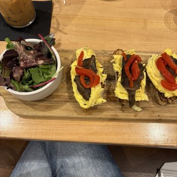 Caffé Buondí - Side salad hazelnut latte and scrambled eggs w roasted red pepper mushrooms and truffle oil on sourdough!!! - Breakfast & Brunch Near Me - Carmel, Indiana Caffé Buondí - Side salad hazelnut latte and scrambled eggs w roasted red pepper mushrooms and truffle oil on sourdough!!! - Breakfast & Brunch Near Me - Carmel, Indiana