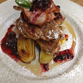 Mezze Bar - Maple French Toast with maple caramelized banana, berry compote and bacon. - Cafes Near Me - Auckland, AUK Mezze Bar - Maple French Toast with maple caramelized banana, berry compote and bacon. - Cafes Near Me - Auckland, AUK