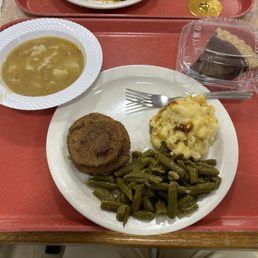 Chicken & Dumplings, Green Beans, Mac & Cheese, Fried Green Tomatoes, Spicy Chocolate Pie