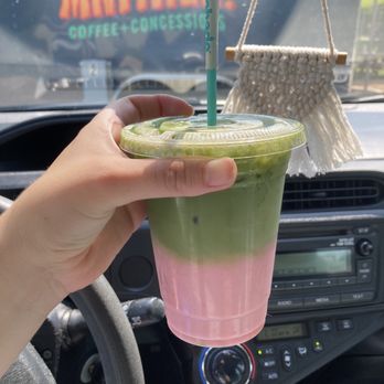 Matinee Coffee + Concessions - Iced matcha rose latte with almond milk - Coffee & Tea Near Me - Leander, Texas