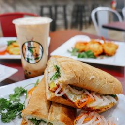 Banh Mi, Flan Special Boba, and coconut shrimp