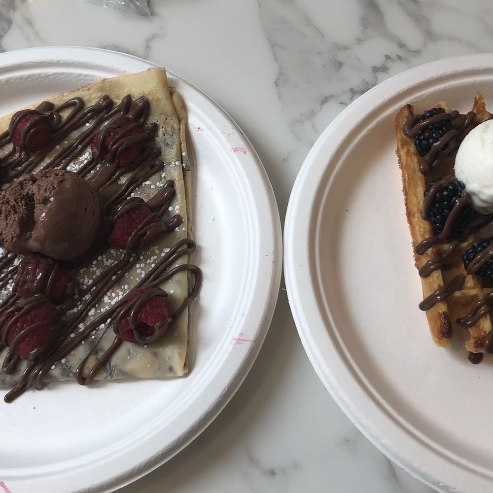Nutella Cafe - Crepe with raspberries and gelato and waffle with blackberries and ventilation gelato. - Desserts Near Me - Chicago, Illinois Nutella Cafe - Crepe with raspberries and gelato and waffle with blackberries and ventilation gelato. - Desserts Near Me - Chicago, Illinois