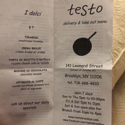 Menu photo 7 Testo Restaurant Brooklyn, NY