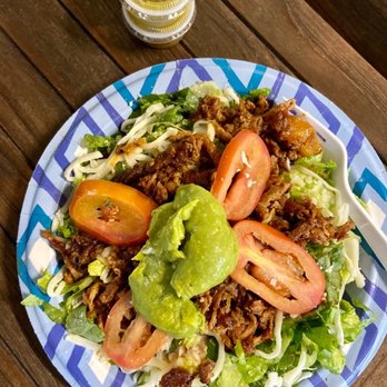 Taco Express - Al Pastor Salad that they make for me if I ask for it. Rice and beans on bottom and alwaysssss salsa verde - Mexican Near Me - Portland, Oregon