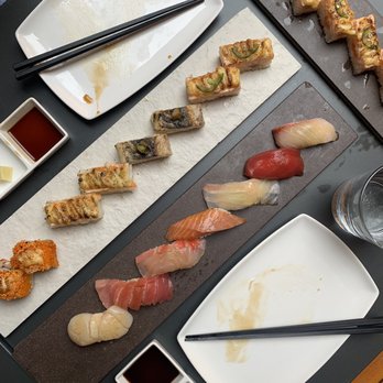 JaBistro - Nama nigiri and aburicious (assortment of their special roll and 2 pieces each of ebi/saba/salmon oshizushi). - Japanese Near Me - Toronto, Ontario