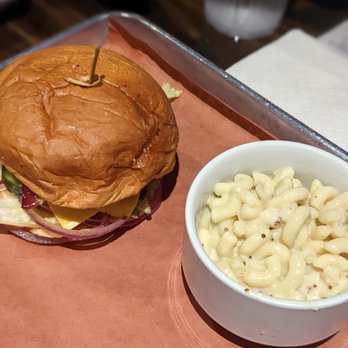 Home Team BBQ - Ron's Burger (no tomato), mac and cheese - Barbeque Near Me - Charleston, South Carolina Home Team BBQ - Ron's Burger (no tomato), mac and cheese - Barbeque Near Me - Charleston, South Carolina