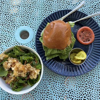 The Literary - Burger substitute fries with hash browns, and side salad - Bookstores Near Me - Champaign, Illinois