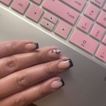Valencia Nails & Spa - These are square shaped with black French tips. And a "heart". The lines are not clean or even! - Nail Salons Near Me - Las Vegas, Nevada Valencia Nails & Spa - These are square shaped with black French tips. And a "heart". The lines are not clean or even! - Nail Salons Near Me - Las Vegas, Nevada