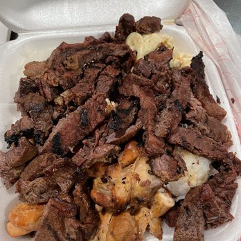 Matiki Island BBQ - Chicken and beef plate, buried underneath is the rice and a scoop of mac+potato salad - Hawaiian Near Me - Anaheim, California