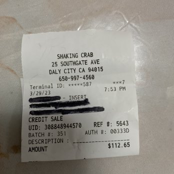 Shaking Crab - Our receipt - Cajun/Creole Near Me - Daly City, California