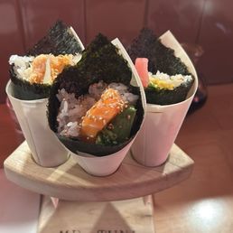 Hand rolls- spicy shrimp, spicy salmon and tuna mango