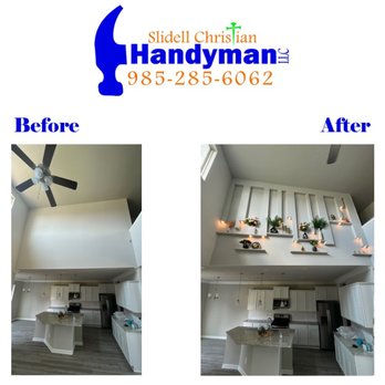 Slidell Christian Handyman - Complete custom accent wall transformation above the kitchen. Added architectural vertical trim, integrated shelving, & decorative lighting. - Handyman Near Me Slidell Christian Handyman - Complete custom accent wall transformation above the kitchen. Added architectural vertical trim, integrated shelving, & decorative lighting. - Handyman Near Me