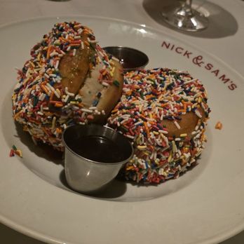 Nick & Sam's - grilled homeade donuts with birthday cake ice cream in the middle - Steakhouses Near Me - Dallas, Texas Nick & Sam's - grilled homeade donuts with birthday cake ice cream in the middle - Steakhouses Near Me - Dallas, Texas
