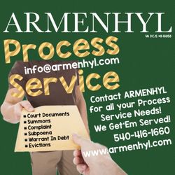 Armenhyl Group - Need a Civil Process Server in Winchester & Frederick County, Virginia?
Assign it to ARMENHYL!
We serve throughout VA and WV!