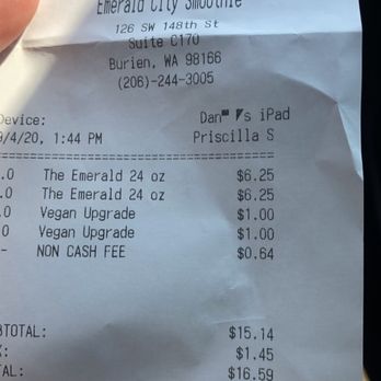 Emerald City Smoothie - $16.60 for two smoothies (includes the $2.00 vegan "upgrade" and the non-cash fee) smh - Juice Bars & Smoothies Near Me - Burien, Washington Emerald City Smoothie - $16.60 for two smoothies (includes the $2.00 vegan "upgrade" and the non-cash fee) smh - Juice Bars & Smoothies Near Me - Burien, Washington