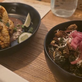 ACEQ Restaurant - Crispy Brussels and elote rib corn with red chile honey butter - New American Near Me - Arroyo Seco, New Mexico ACEQ Restaurant - Crispy Brussels and elote rib corn with red chile honey butter - New American Near Me - Arroyo Seco, New Mexico