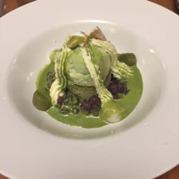 Green Tea Marble Cake with ice cream and read bean paste and green tea sauce Green Tea Marble Cake with ice cream and read bean paste and green tea sauce