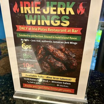 Irie Plates Restaurant & Bar - Special table menu for Jerk Wings - Caribbean Near Me - Winston-Salem, North Carolina Irie Plates Restaurant & Bar - Special table menu for Jerk Wings - Caribbean Near Me - Winston-Salem, North Carolina