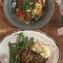 Top: Blackened mahi-mahi and grits Bottom: BBQ glazed meatloaf