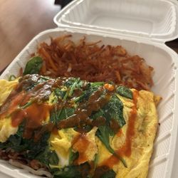 Happy Dogs - Veggie omelette no cheese/ mushroom Add spinach tomato Extra crispy hashbrowns