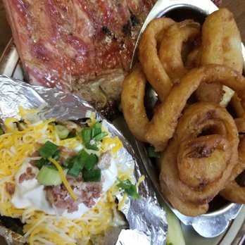 Jake's Rib - Rib dinner with a loaded baked potato and fried onion rings - Barbeque Near Me - Chickasha, Oklahoma