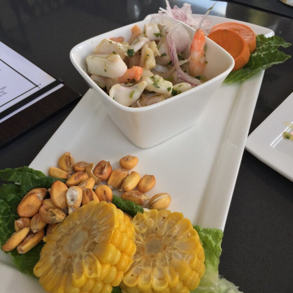 Ceviche mixto with corn and sweet potatoes.