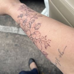 Single Orchid Studio - Too if floral tattoo and script