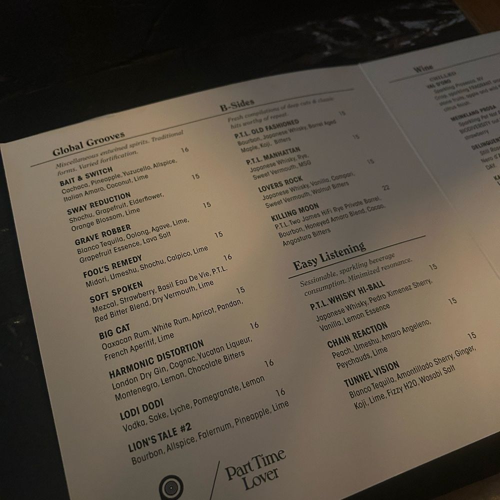 Part Time Lover - Menu - Bars Near Me - San Diego, California Part Time Lover - Menu - Bars Near Me - San Diego, California