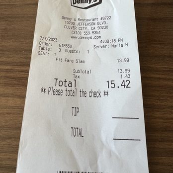 Denny's - My check for my fit fare slam breakfast. - Diners Near Me - Culver City, California