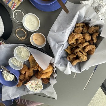 Shrimp Basket - Fried Catfish and Fried Shrimp basket with fried pickles and the AMAZING ranch. - Seafood Near Me - Gulfport, Mississippi Shrimp Basket - Fried Catfish and Fried Shrimp basket with fried pickles and the AMAZING ranch. - Seafood Near Me - Gulfport, Mississippi