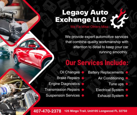 Auto Repair - Our full-service auto repair facility specializes in mechanical repairs, routine maintenance, and collision restoration for all makes and models. Whether you need a simple oil change or extensive bodywork after an accident, our certified technicians deliver reliable craftsmanship and honest service every time.
We offer a complete range of services, including:
Check engine light
Auto general diagnosis
Tire Pressure Monitoring System diagno…
Auto vibration diagnosis
Auto pre-purchase inspection
Oil changes
Auto battery or electrical system repair
Auto engine repair
Auto light repair
Auto transmission repair
Transmission leak inspection
Engine oil light diagnosis
Auto noise diagnosis
Auto no-start diagnosis
Auto diagnosis or inspection
Auto maintenance
Auto repairs
Auto brake repair
Auto HVAC repair
Auto steering and suspension repair
Routine automotive maintenance Auto Repair - Our full-service auto repair facility specializes in mechanical repairs, routine maintenance, and collision restoration for all makes and models. Whether you need a simple oil change or extensive bodywork after an accident, our certified technicians deliver reliable craftsmanship and honest service every time.
We offer a complete range of services, including:
Check engine light
Auto general diagnosis
Tire Pressure Monitoring System diagno…
Auto vibration diagnosis
Auto pre-purchase inspection
Oil changes
Auto battery or electrical system repair
Auto engine repair
Auto light repair
Auto transmission repair
Transmission leak inspection
Engine oil light diagnosis
Auto noise diagnosis
Auto no-start diagnosis
Auto diagnosis or inspection
Auto maintenance
Auto repairs
Auto brake repair
Auto HVAC repair
Auto steering and suspension repair
Routine automotive maintenance