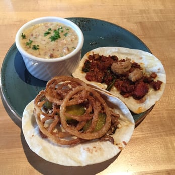 Sunspot - Pulled pork taco with the fried onions on it, Cajun crawfish taco in the back, and potato soup in the cup - American Near Me - Knoxville, Tennessee Sunspot - Pulled pork taco with the fried onions on it, Cajun crawfish taco in the back, and potato soup in the cup - American Near Me - Knoxville, Tennessee