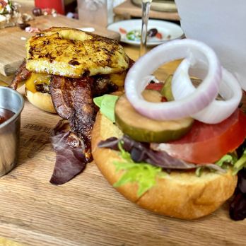 GAME on the River - BYOB: brioche bun, angus, cheddar, grilled pineapple, bacon, & freebies - Burgers Near Me - Jeffersonville, Indiana GAME on the River - BYOB: brioche bun, angus, cheddar, grilled pineapple, bacon, & freebies - Burgers Near Me - Jeffersonville, Indiana